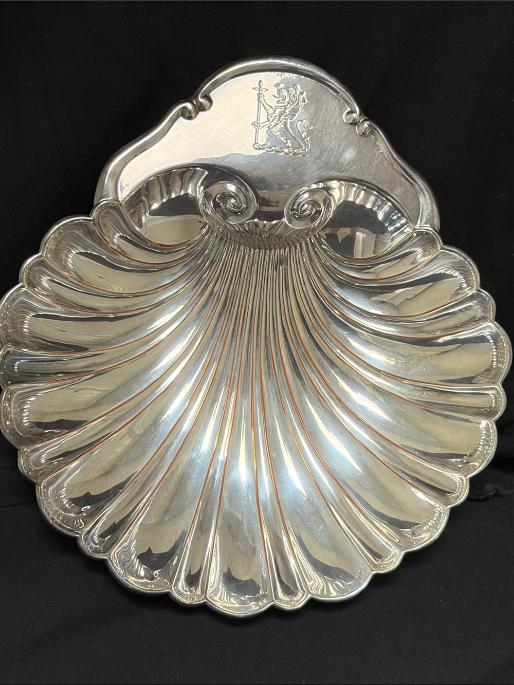Shell-Shaped Silver Serving Dish with Crest
